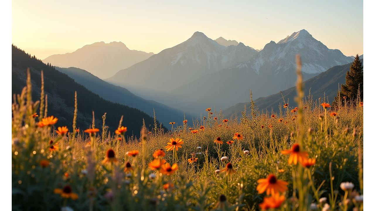 Panoramic view of the Rocky Mountains near Denver with vibrant native plants in the foreground, symbolizing growth and environmental harmony.