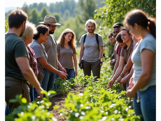 Students actively engaged in an outdoor learning environment, examining plant specimens and discussing sustainable practices, symbolizing practical application of knowledge.