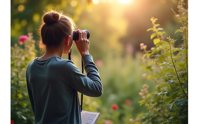 Person using binoculars to observe birds in a backyard, taking notes