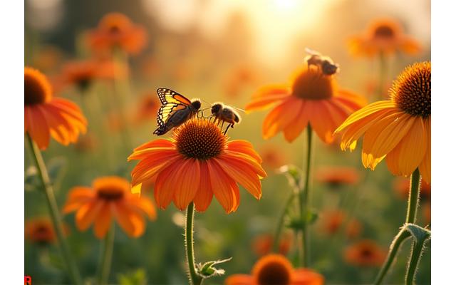 Vibrant Colorado pollinator garden with bees and butterflies