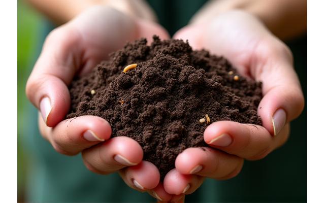 Rich, dark garden soil with a hand holding a handful, showing healthy soil structure