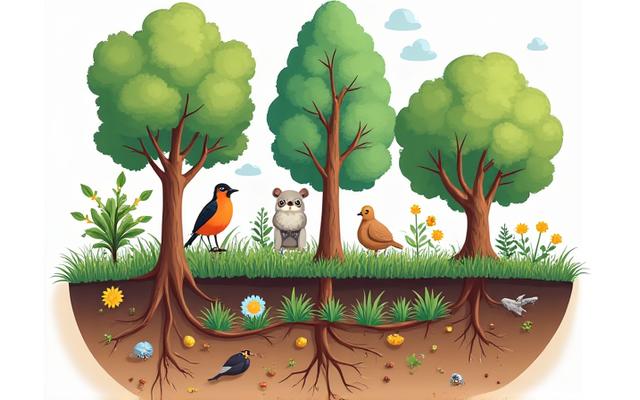 Diagram showing different layers of a wildlife habitat from canopy to ground cover