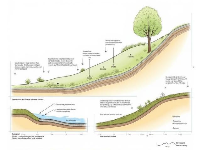 Diagram showing various erosion control techniques like terracing, riprap, and geotextiles on a sloped landscape