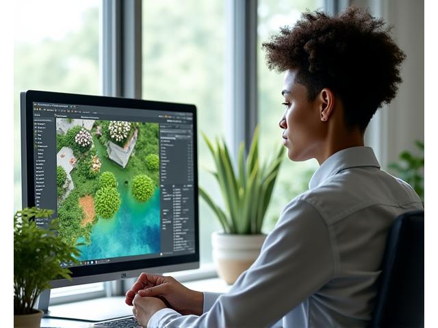 Illustration of a person using advanced landscaping software with digital tools and plans on a tablet
