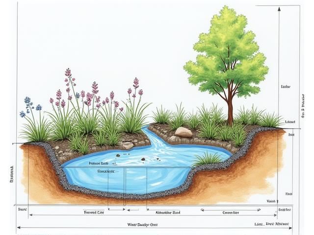 Blueprint diagram for a backyard rain garden with native plants and water absorption layers