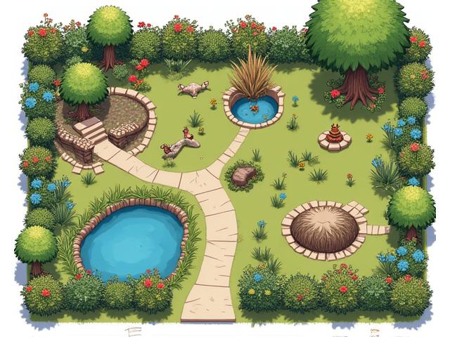 Detailed plan showing elements of a wildlife habitat garden including bird feeders, log piles, and diverse plantings