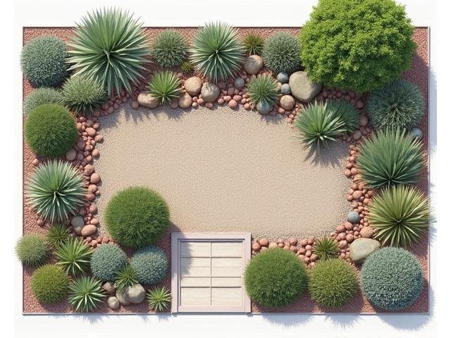 Xeriscape garden design template with water-wise plants and gravel pathways