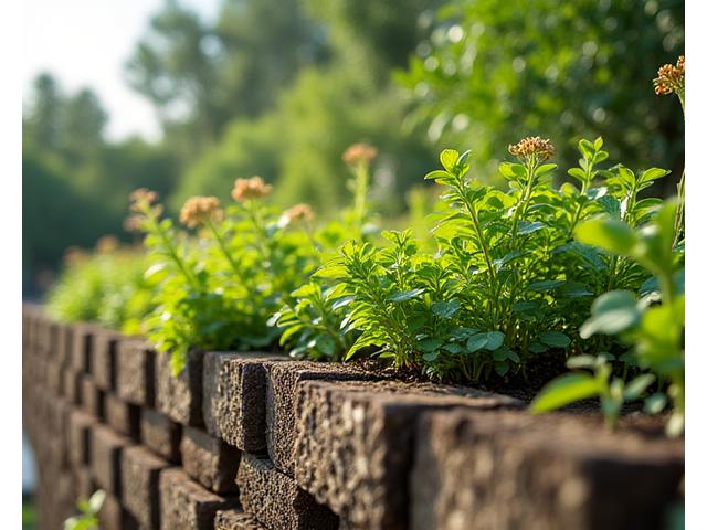 A living retaining wall made of woven natural fibers and native plants thriving, showcasing root systems binding soil.