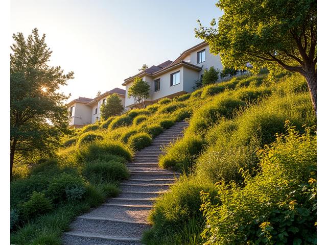 After image: The same slope on Summit Ridge now lush with native vegetation, bioengineering elements, and clearly stabilized, demonstrating successful erosion control.