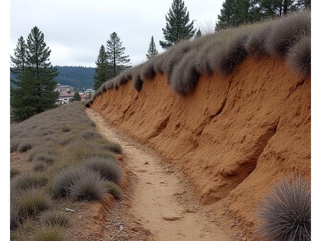 Before image: Severely eroded steep slope on Summit Ridge with visible rill erosion and bare soil, looking unstable.