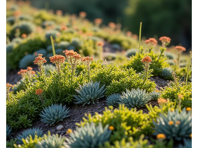 Close-up of vibrant drought-tolerant groundcover plants like sedum and creeping thyme preventing soil erosion on a gentle slope.
