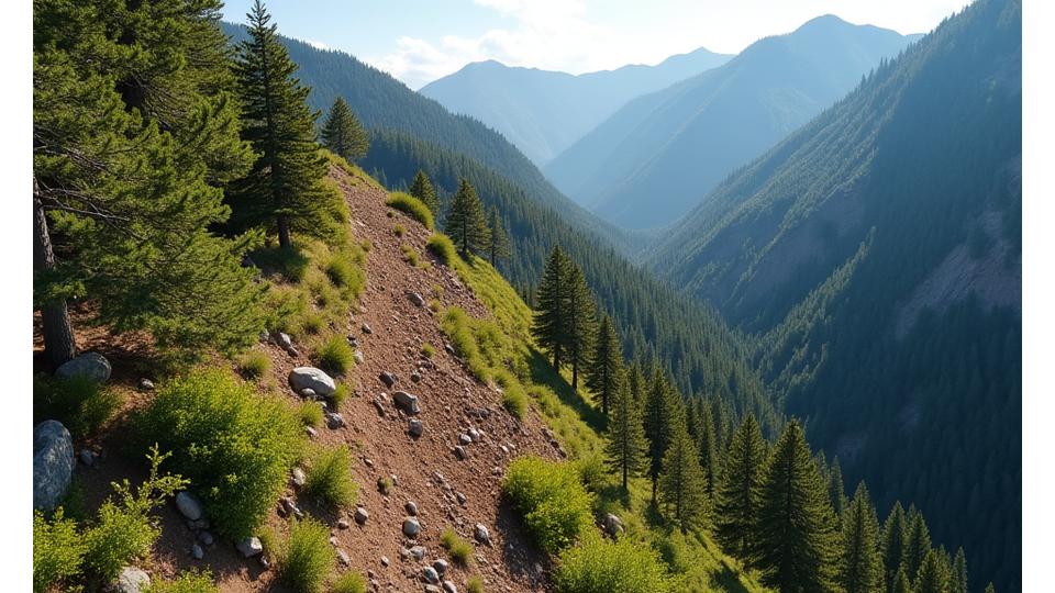 Steep mountain slope with evidence of controlled erosion via terracing and revegetation, showing different soil stability techniques.