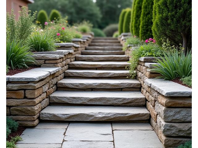 A beautifully constructed natural stone retaining wall supporting a garden terrace on a steep incline.