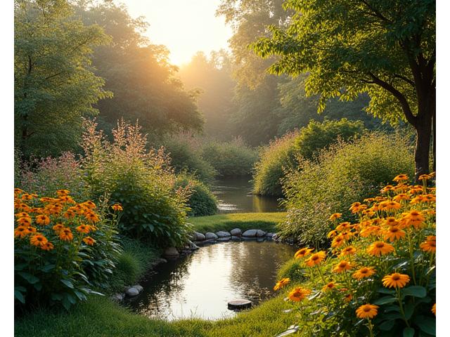 Lush, naturalized backyard featuring a small pond, butterfly garden, and diverse flowering plants.