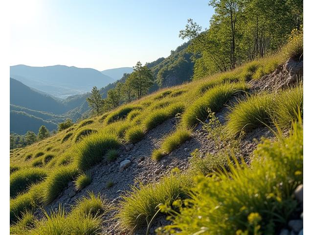 Professionally installed erosion control measures on a steep slope with newly planted native grasses and stones.