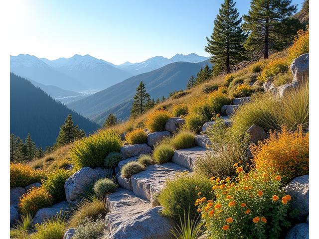 Mountain Garden Design illustrating terraced, native plant landscaping at high altitude.