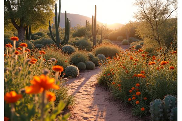 Lush, water-wise high desert garden with various cacti, succulents, and wildflowers.