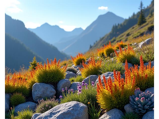 Variety of vibrant alpine plants thriving in a rocky mountain garden setting with snow-capped peaks in the background