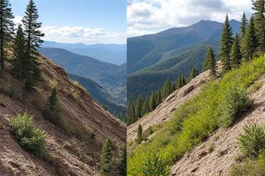 Before and after of a steep, rocky Colorado slope transformed into a lush, terraced garden