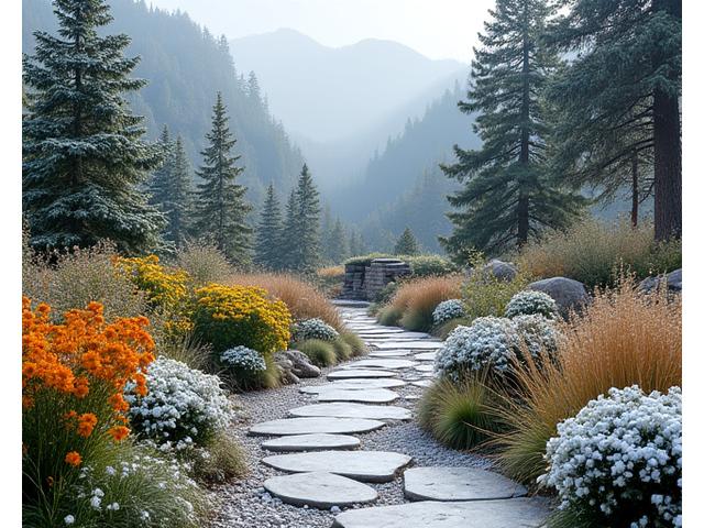 Vibrant mountain garden transitioning through seasons, showing colorful blooms in summer and structural elements in winter snow