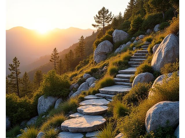 Beautifully terraced mountain garden with natural rock formations, integrated drainage, and winding stone pathways