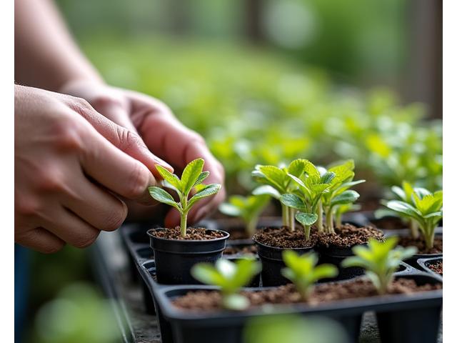 Hands carefully tending to young native plant saplings in a conservation nursery, emphasizing care and growth.