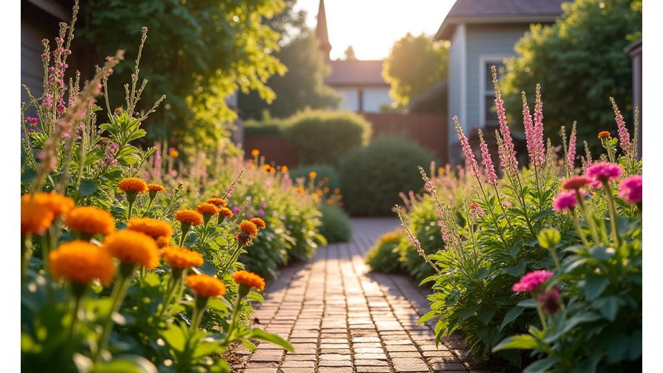 A flourishing residential garden in Denver designed with various native plants, attracting butterflies and birds.