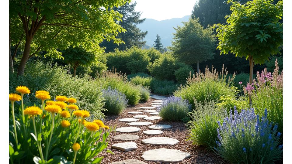 A professionally designed, low-maintenance native plant landscape demonstrating natural beauty with minimal human intervention.