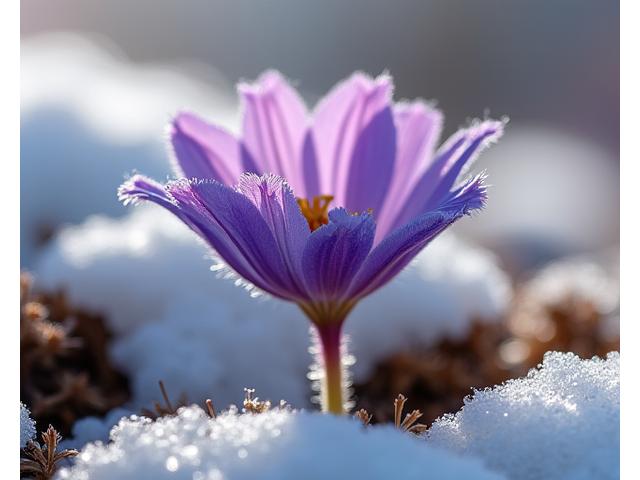 Colorado Pasqueflower (Pulsatilla patens) blooming with delicate purple petals among melting snow, signaling early spring.