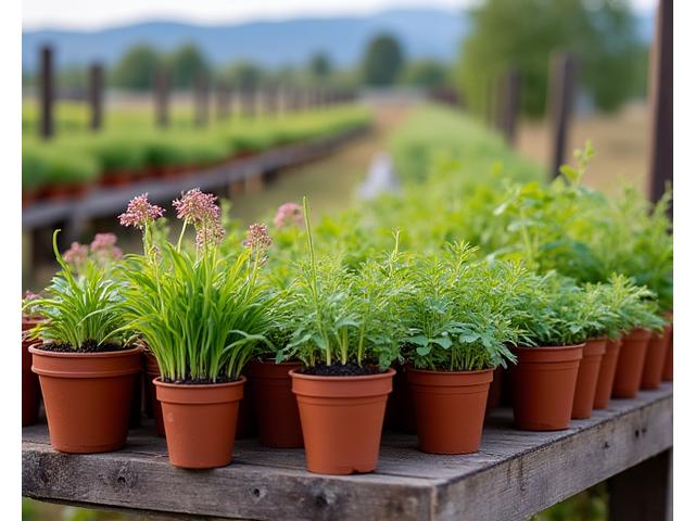 A diverse selection of young native plant starts neatly arranged at a local Colorado nursery, ready for planting.