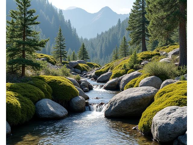 Zen-like mountain garden with boulders, conifers, and a small stream in Colorado