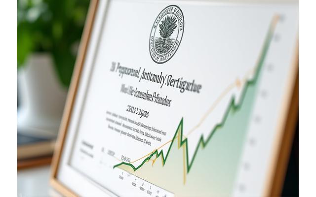 Close-up of a framed professional horticulture certificate with the Harnetolvexian RidgeGrove Academy seal, next to a graph showing career growth.