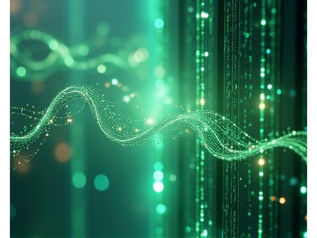 Abstract depiction of data flowing securely, with small plant icons indicating nature-related data