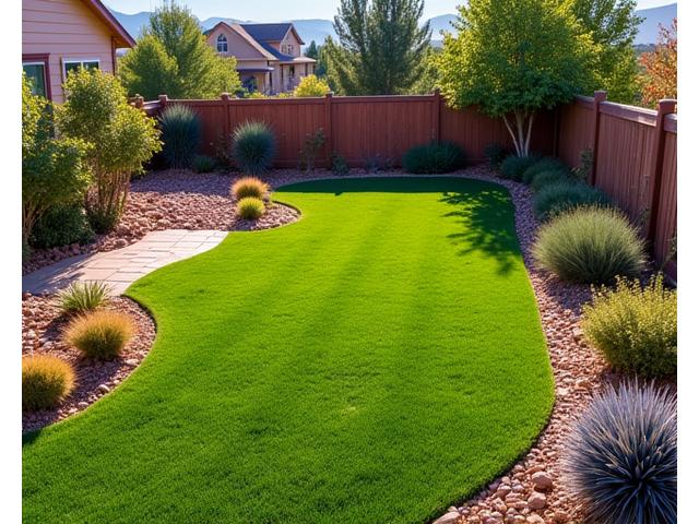 After image showing the same residential area transformed into a vibrant xeriscape garden with native plants, rock features, and significantly less lawn area.