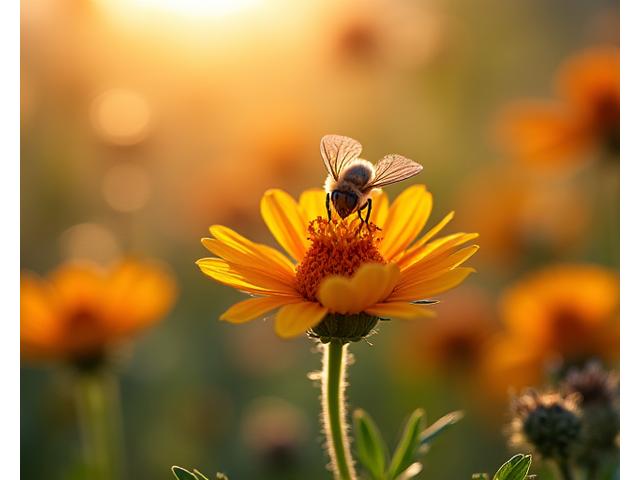 A close-up of a vibrant, eco-friendly garden buzzing with pollinators, showcasing diverse native flora and healthy soil.