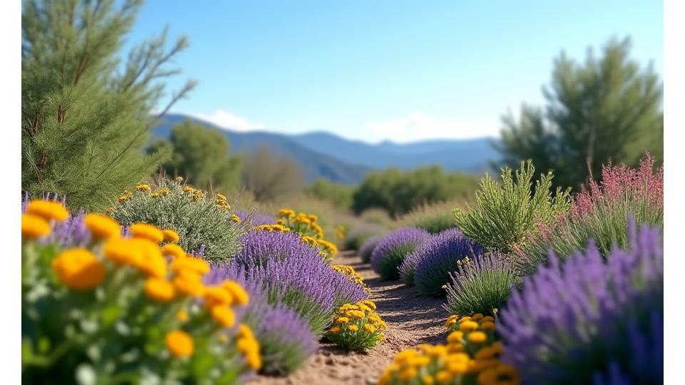 Overview of sustainable landscaping principles in a semi-arid climate, showing diverse native plants and efficient irrigation.