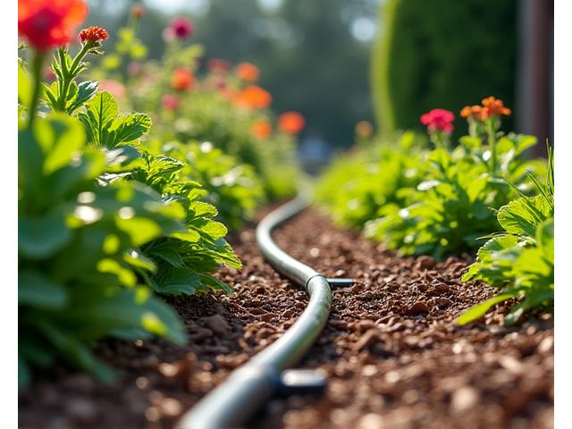 A vibrant, well-mulched water-wise garden featuring drip irrigation, illustrating efficient water usage in a residential setting.