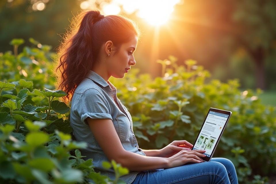 A student engaged in online learning on a tablet, surrounded by vibrant native plants in a garden setting, symbolizing practical application of knowledge.
