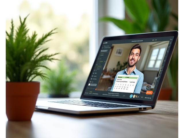 Laptop displaying a virtual consultation with a landscape expert, surrounded by vibrant green plants and a calendar interface