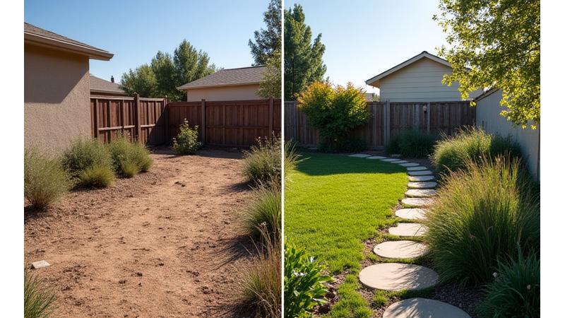 Before and after photo of a barren backyard transformed into a vibrant native garden in Denver