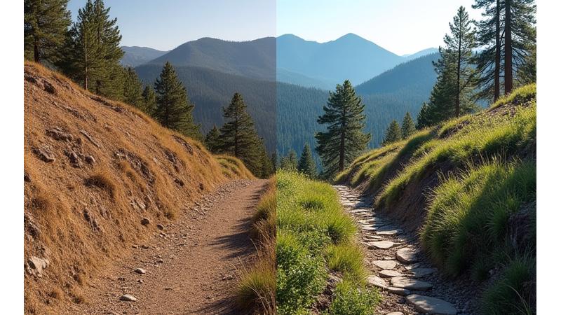Before and after photo of a dry, eroding hillside turned into a terraced, flourishing landscape
