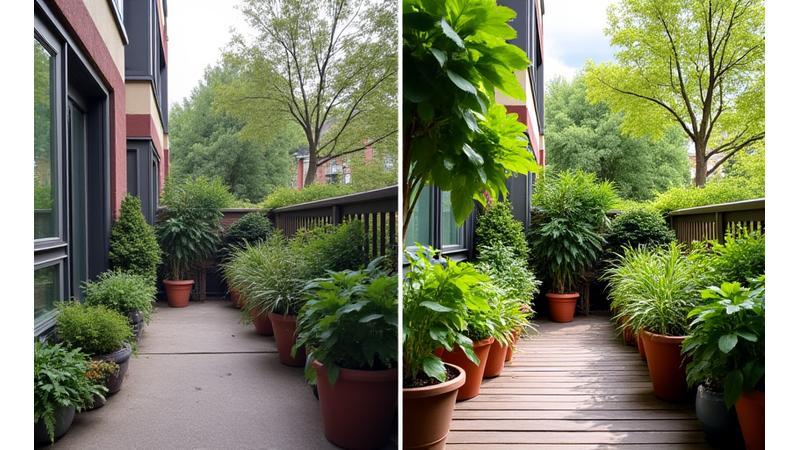 Before and after photo of a small city patio transformed into a lush, edible container garden